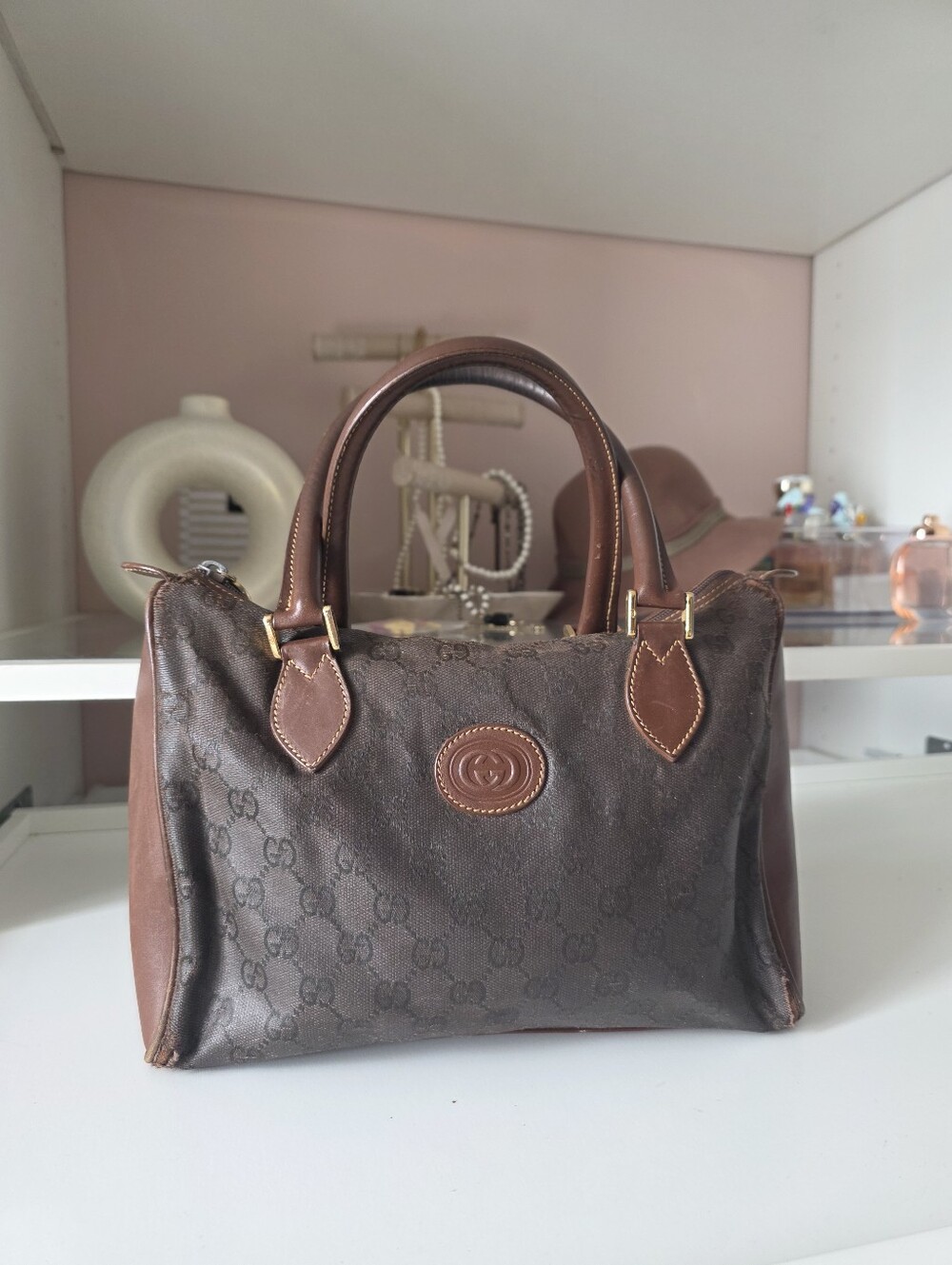 Gucci Brown Monogram Satchel with Leather Trim